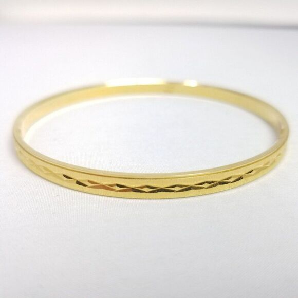 Vintage Crown Trifari Gold Tone Skinny Diamond Pattern Bangle Bracelet, Estate - Picture 1 of 8